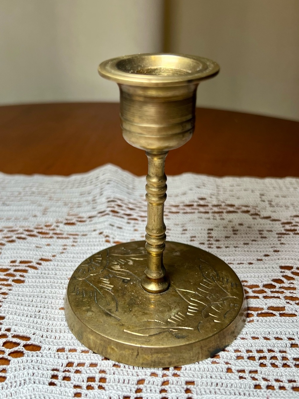 Etched Brass Vintage Candlestick Holder - 3” tall beautiful design.